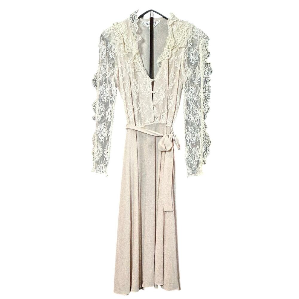 VTG 70s Phase II California Lace Ruffle Maxi Dress Cream Size 6 Victorian Pearl